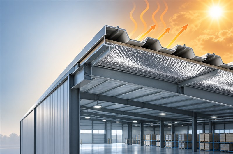 Reflective insulation beneath a metal warehouse roof reflecting radiant heat